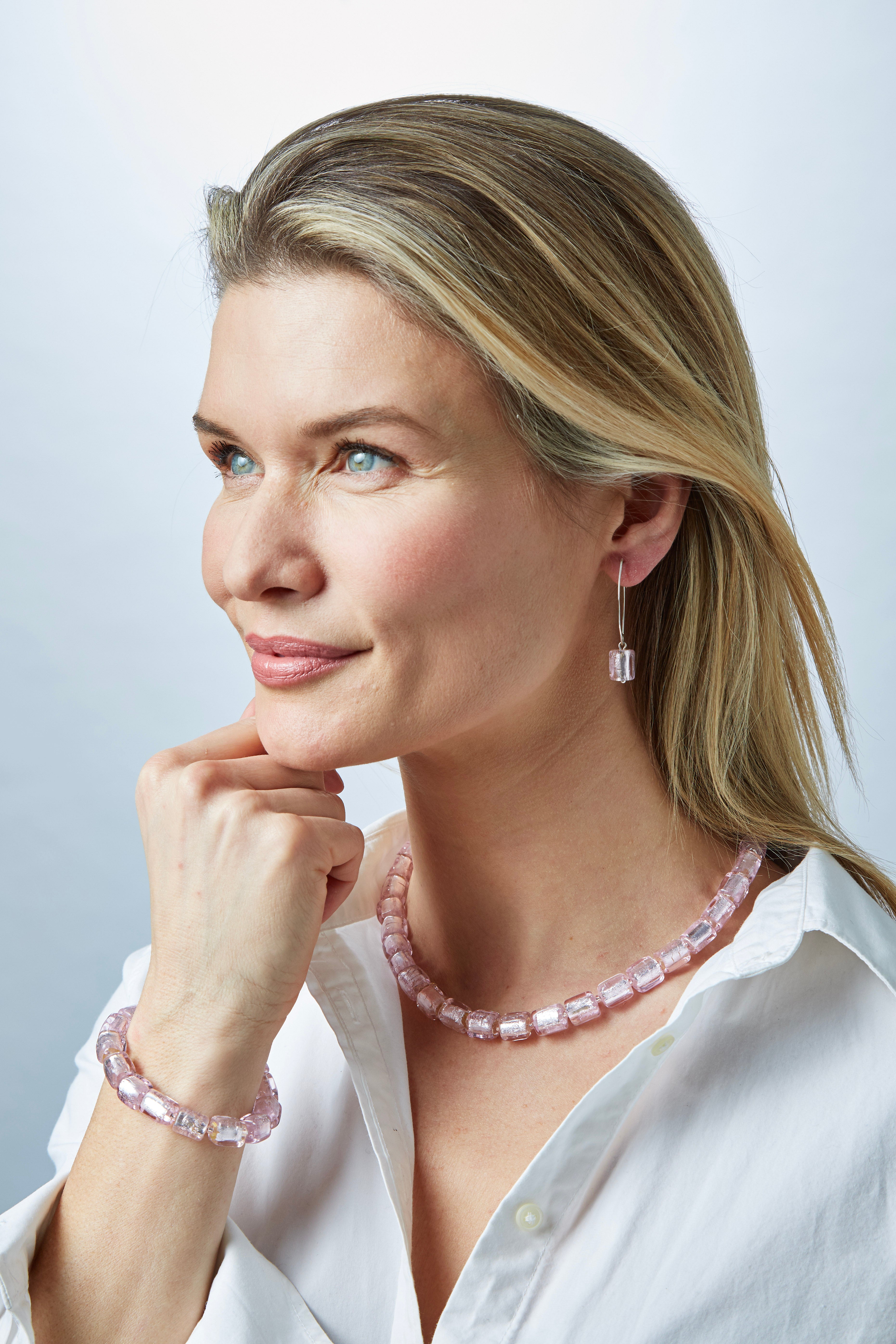 Handmade Glass Necklace, Earrings & Bracelet - Pink & Silver