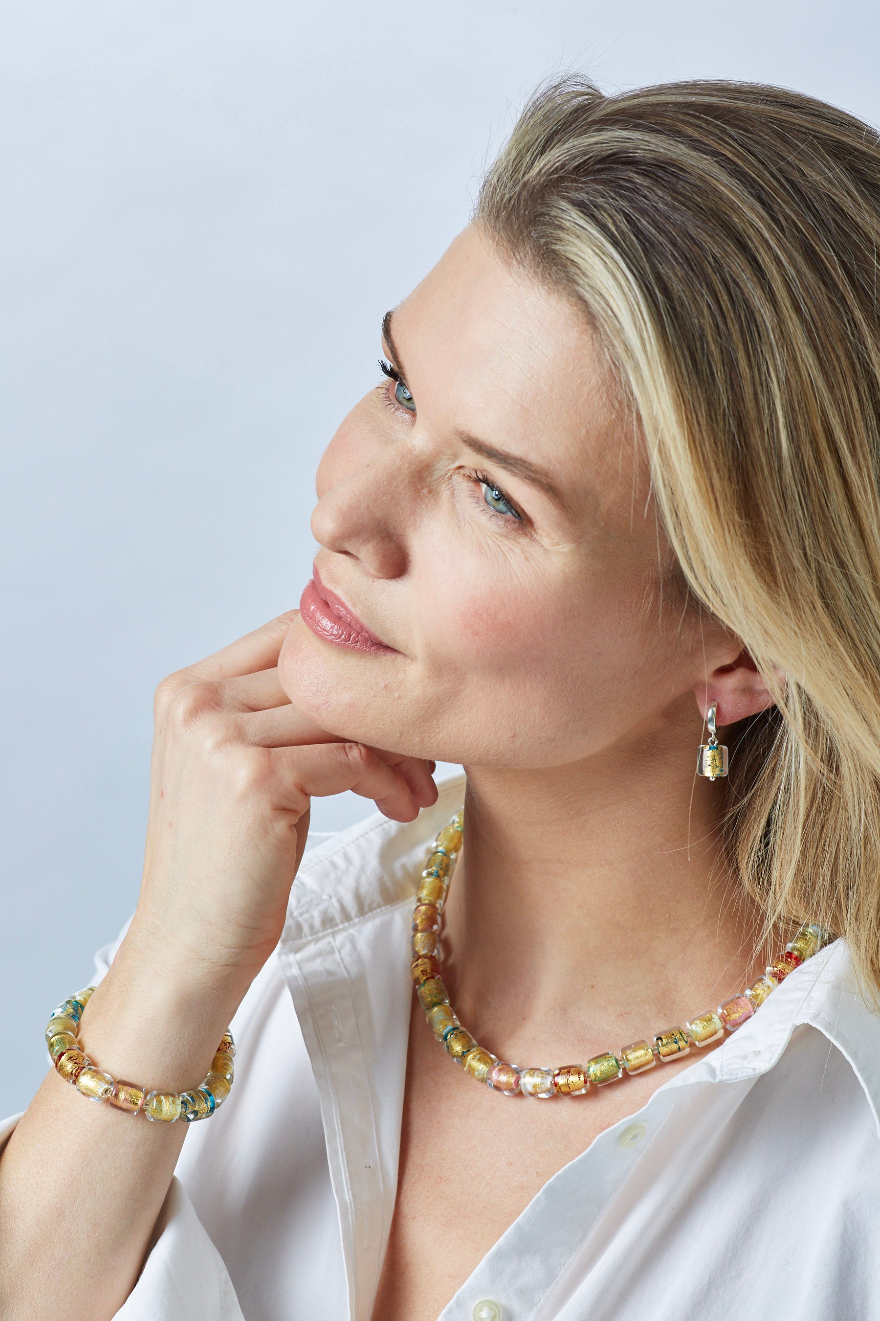 Handmade Silver & Glass Necklace, Earrings & Bracelet - Golden