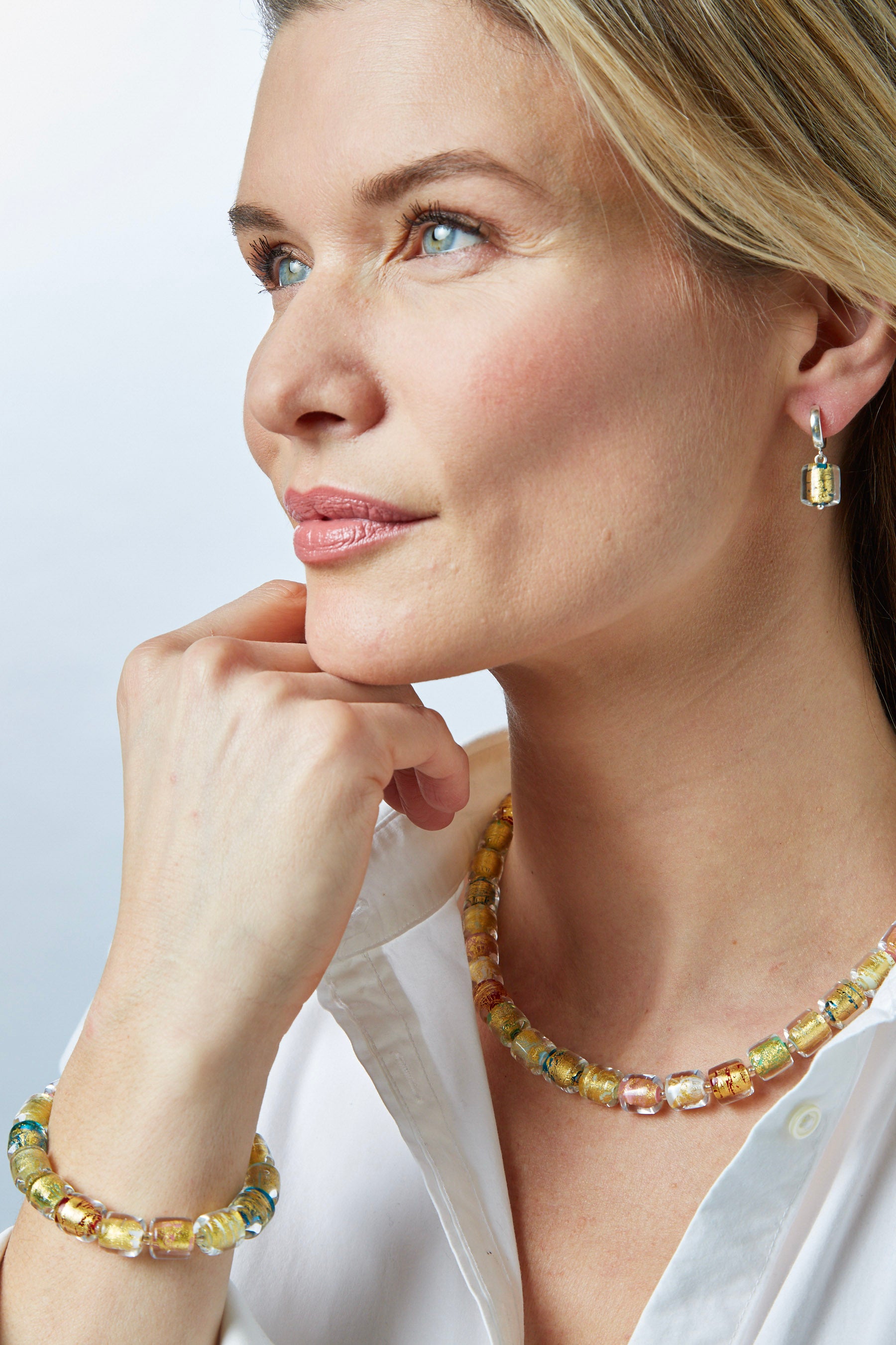 Handmade Silver & Glass Necklace, Earrings & Bracelet - Golden