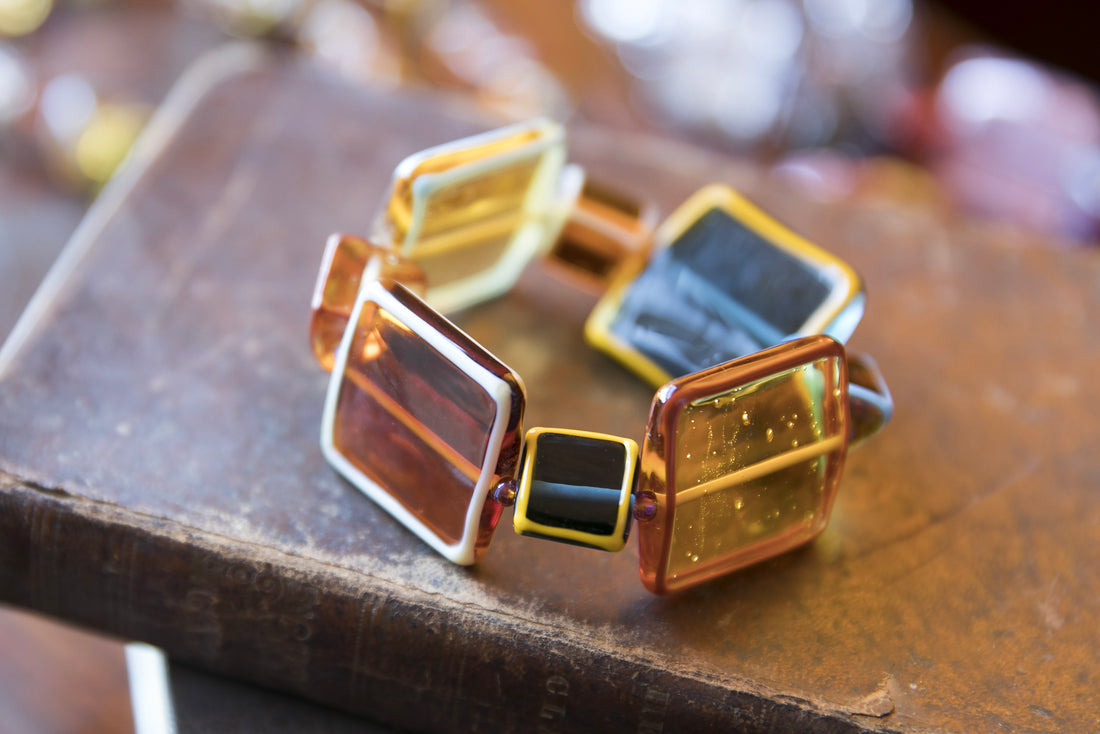 Handmade Silver & Glass Bracelet - Honey and Blue