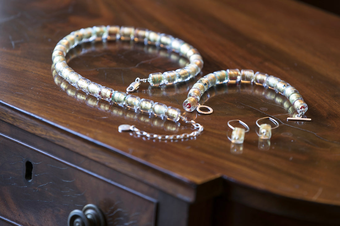 Handmade Silver & Glass Necklace, Earrings & Bracelet - Golden