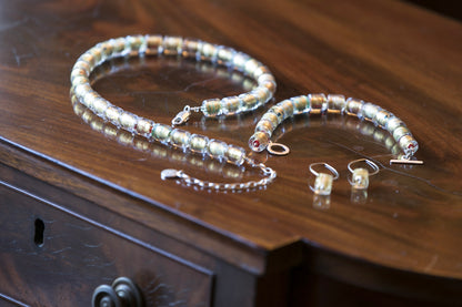 Handmade Silver &amp; Glass Necklace, Earrings &amp; Bracelet - Golden