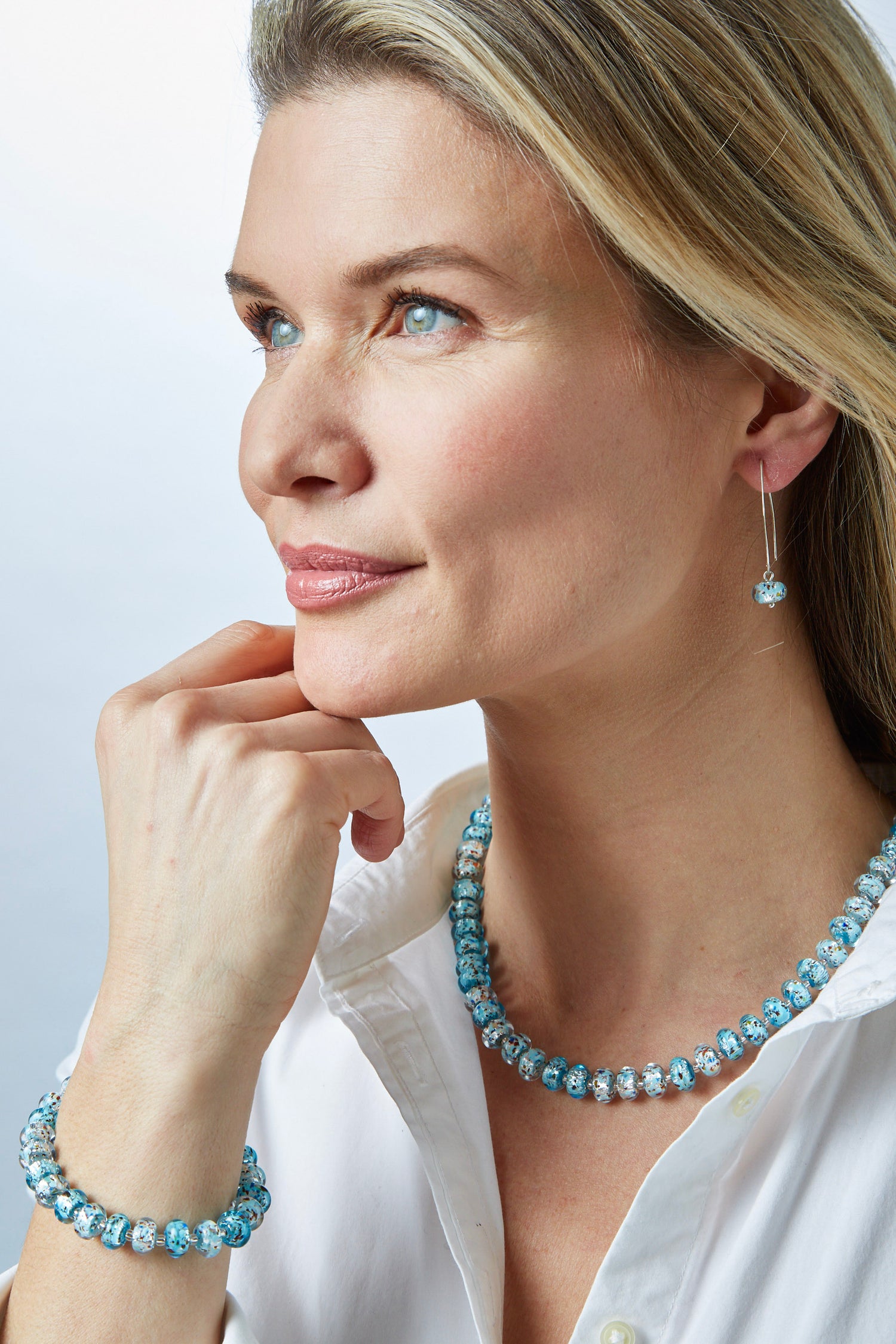 Handmade Glass Necklace, Earrings &amp; Bracelet - Blue &amp; Silver
