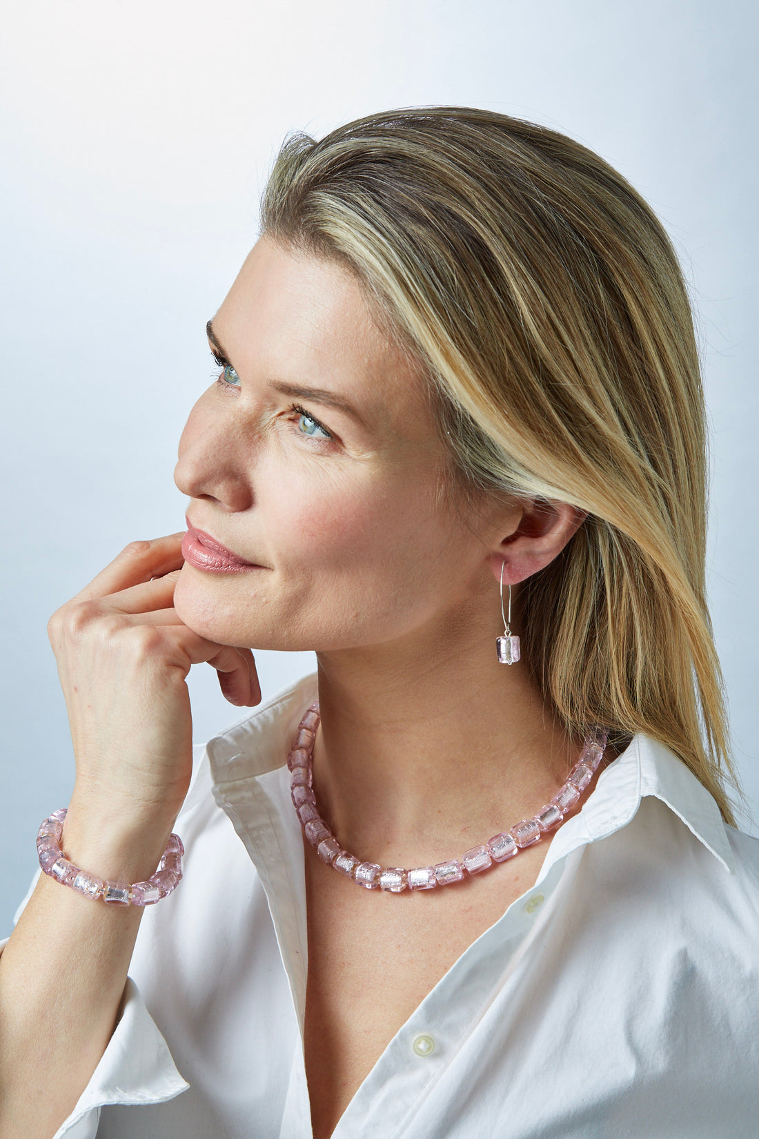 Handmade Glass Necklace, Earrings & Bracelet - Pink & Silver