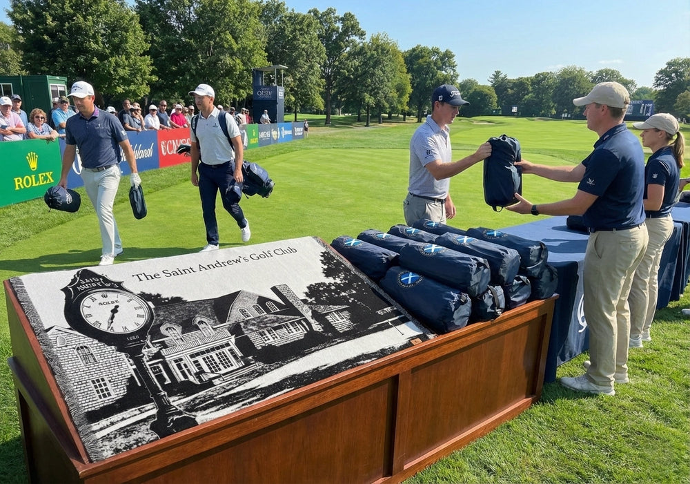 Golfers interacting with a display of golf tee gifts on a grassy area with a large sign in the background.