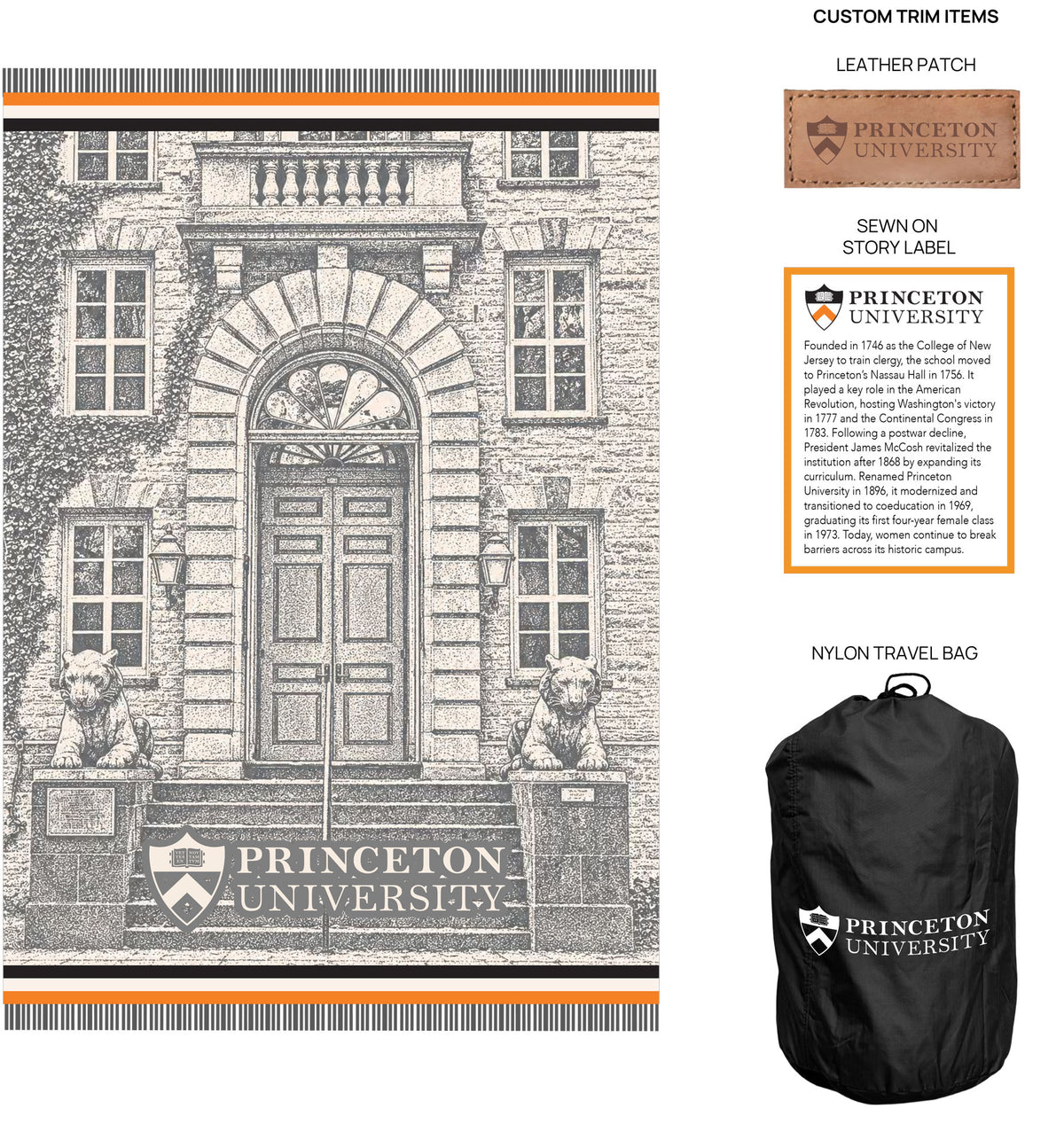 Custom university enrollment gift package with woven blanket story label leather label and presentation packaging