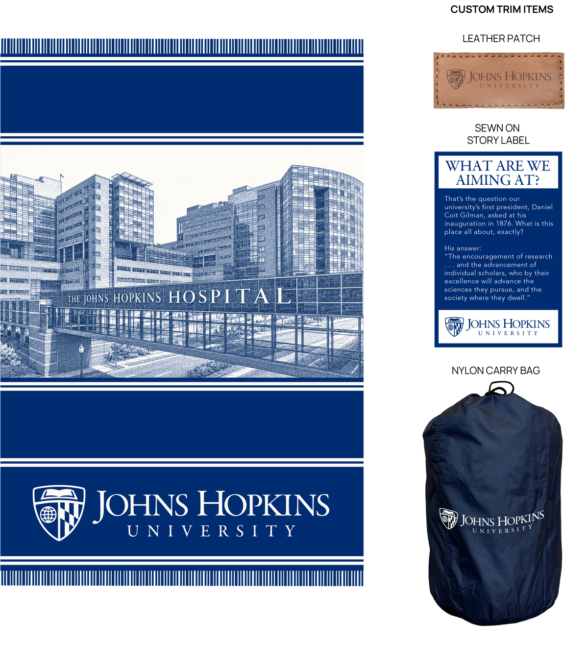 Custom university enrollment gift package with woven blanket story label leather label and presentation packaging