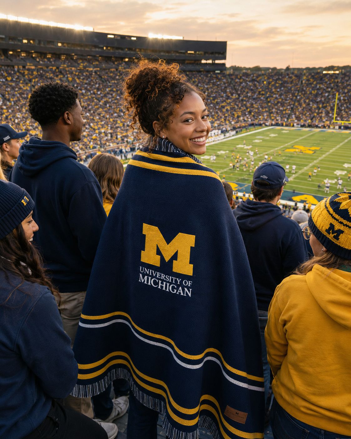University athletics lifestyle scene featuring a custom-woven Ecuadane university blanket